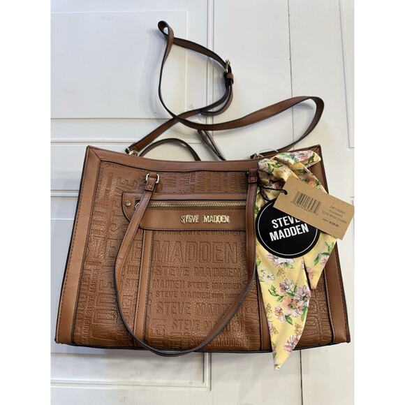 Steve Madden Handbags - Steve Madden Cognac Embossed Logo Large Brown Tote w/ Scarf Makeup Bag NWT $108